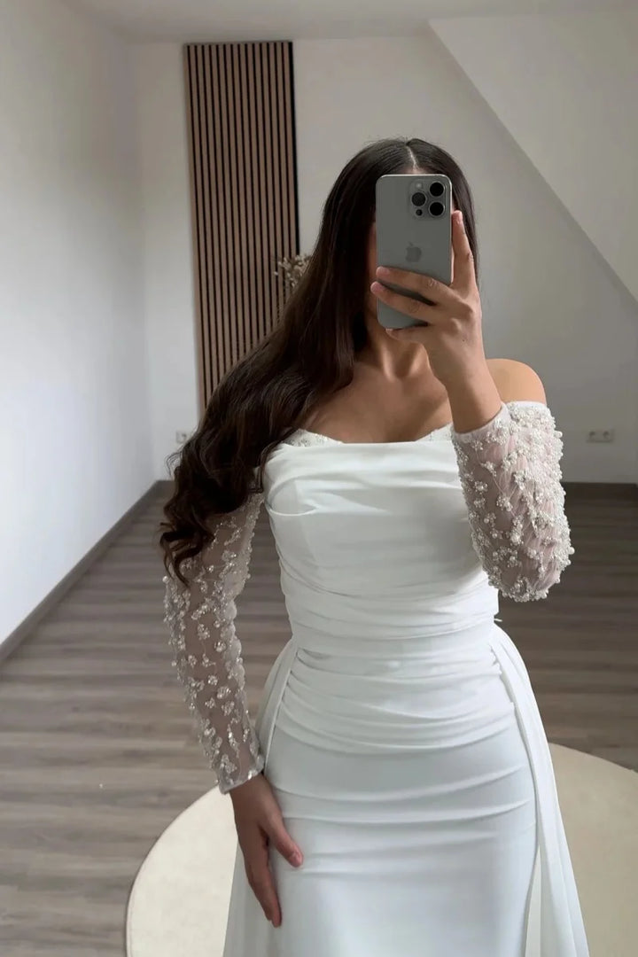 Jessica White Wedding Dress Mermaid Long Sleeves Arabic Evening Dresses