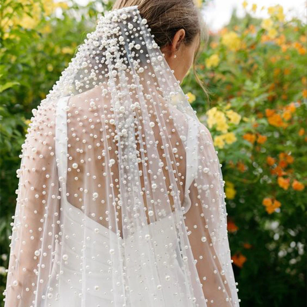 1 Tier Pearls Wedding Veil Cathedral Oversized Veils Bridal Tulle Veil
