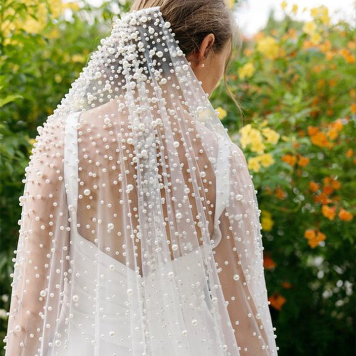 1 Tier Pearls Wedding Veil Cathedral Oversized Veils Bridal Tulle Veil