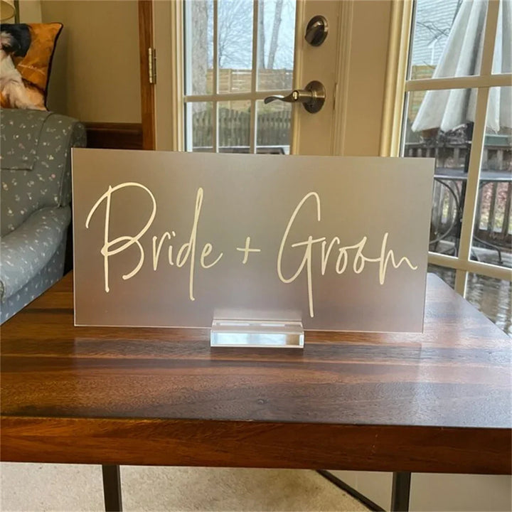 Bride and Groom Mr and Mrs Table Signs, Clear Glass Look Acrylic Head Table Sign