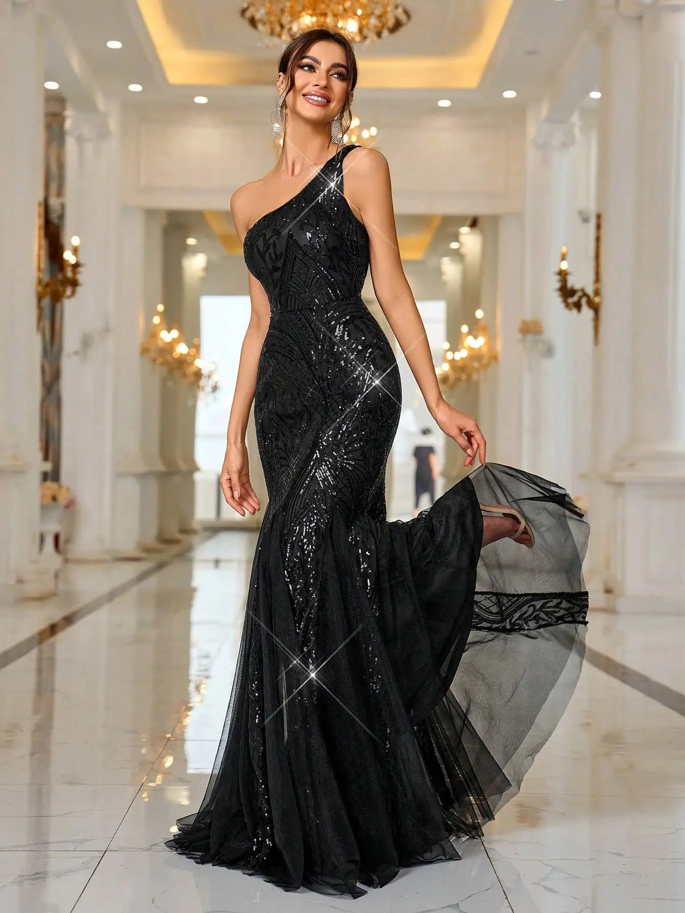 One Shoulder Sequin Mermaid Evening Dress for luxury wedding dress