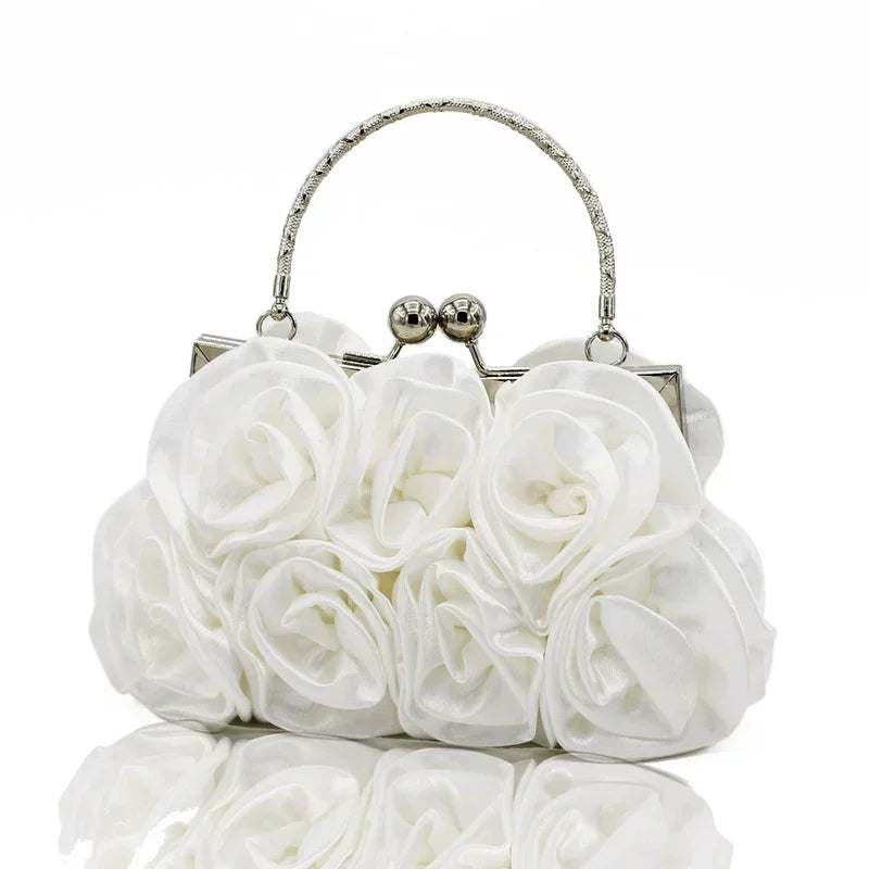 Silk Satin Ivory Clutch Purse Trendy New 3D Floral Roses Flower Cloth Bag