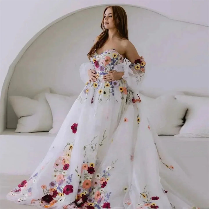 3d Flowers Puff Sleeves Bridal Dress Embroidery Dresses Wedding Party