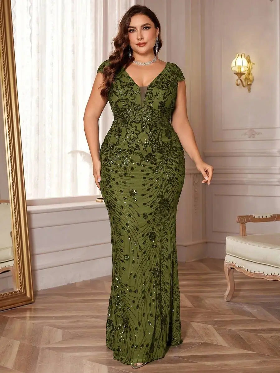 Burgundy Sequin V-Neck Cap Sleeve Fishtail Evening Dress for Women