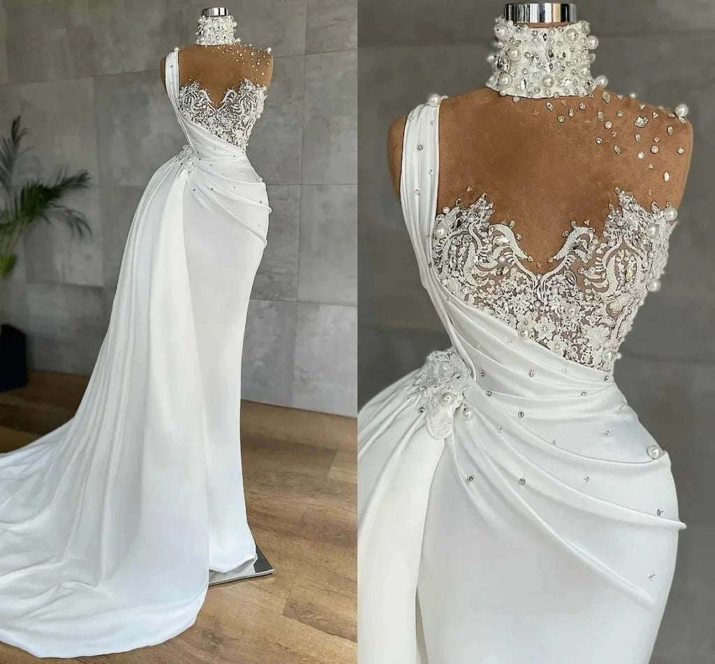 Mermaid Wedding Dresses with Detachable Pearls Beaded Bridal Gown