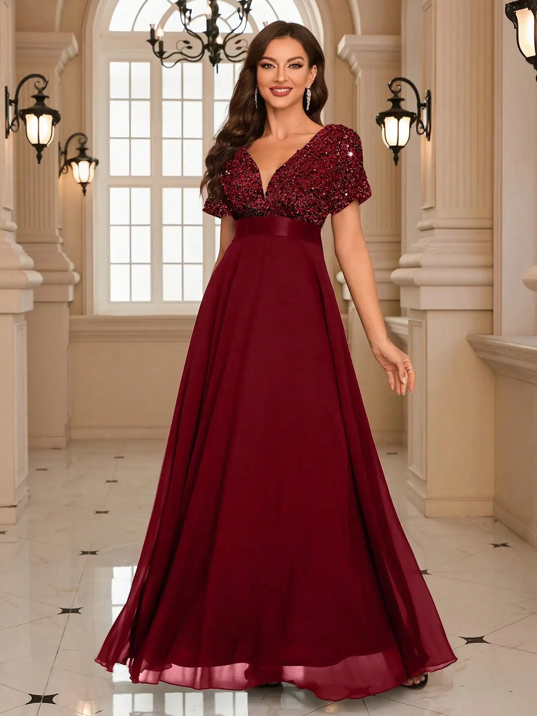 Burgundy Sequin Evening Gown with Short Sleeves luxury wedding dress