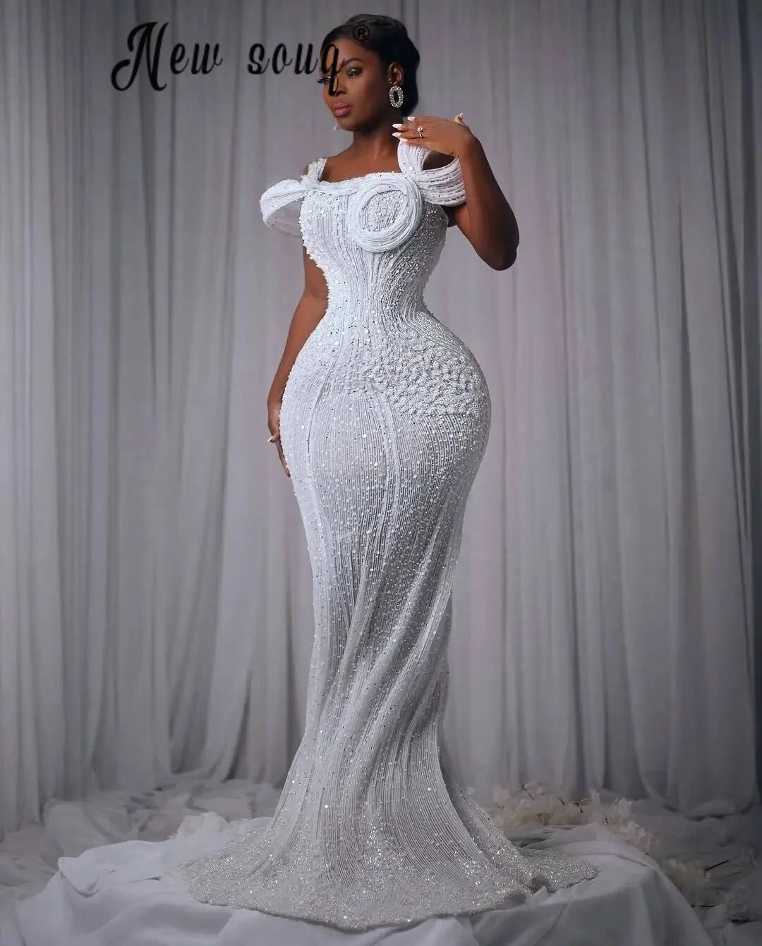 Ebi Plus White Prom Dresses 3D Pleated Long Wedding Events Gowns