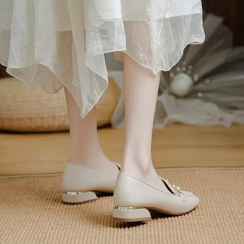 Medium Heels Pearl Women's Shoes Square Toe Ladies Pumps Shoe