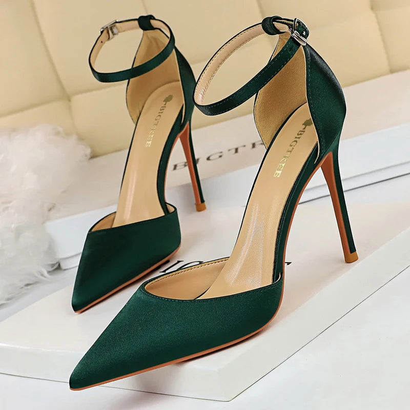 BIGTREE Shoes Satin With Shallow Pointed Women Pumps Buckle Heels