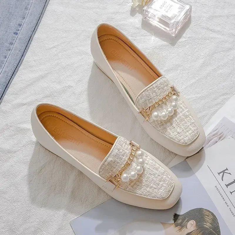 Medium Heels Pearl Women's Shoes Square Toe Ladies Pumps Shoe
