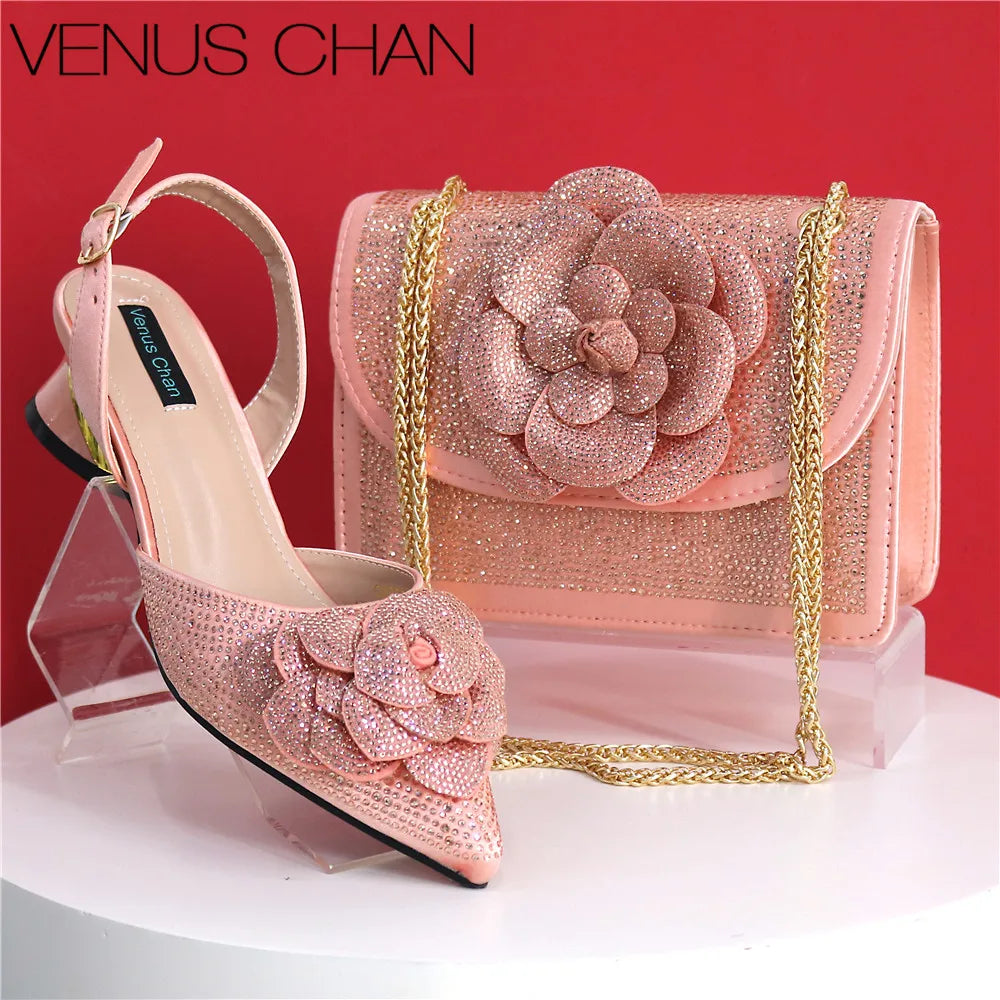 Peach Color Elegant Lady Shoes And Bag Set with Rhinestone Heel