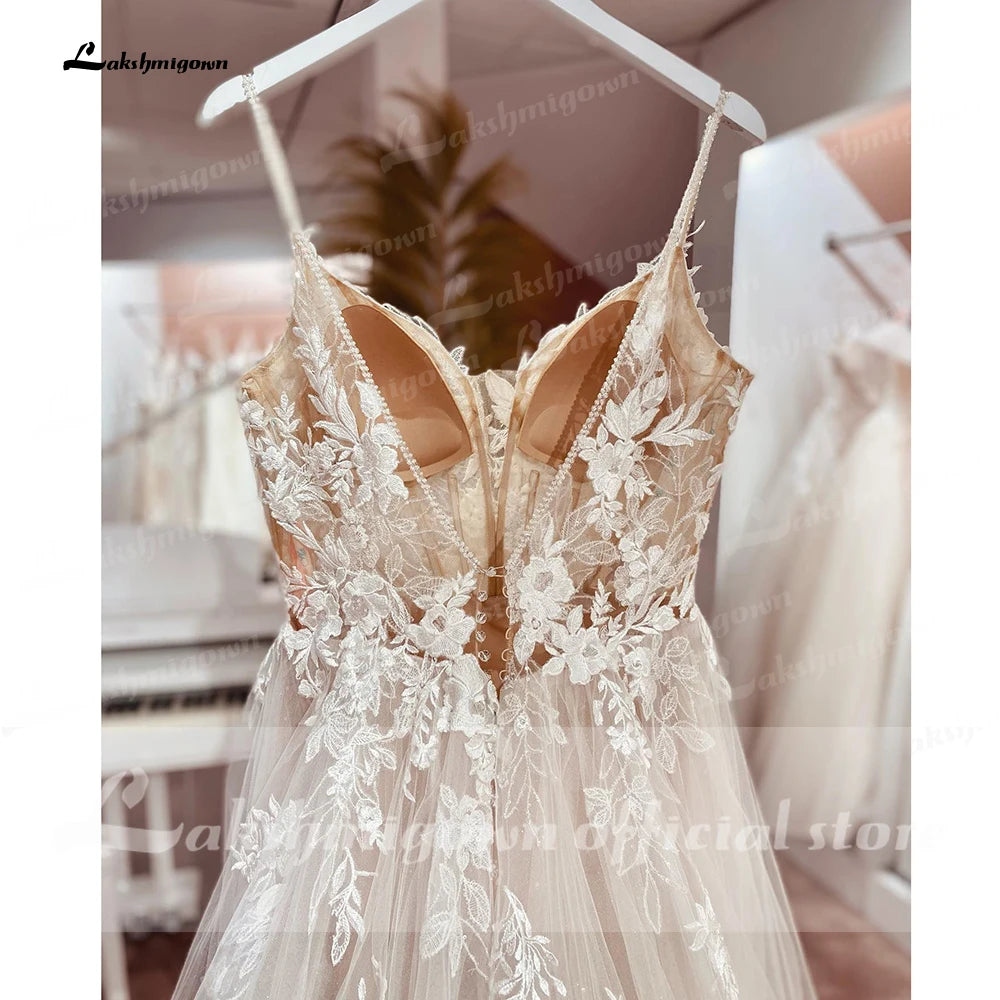 Lakshmigown Spaghetti Straps Lace Wedding Dress Open Back Civil Bridal