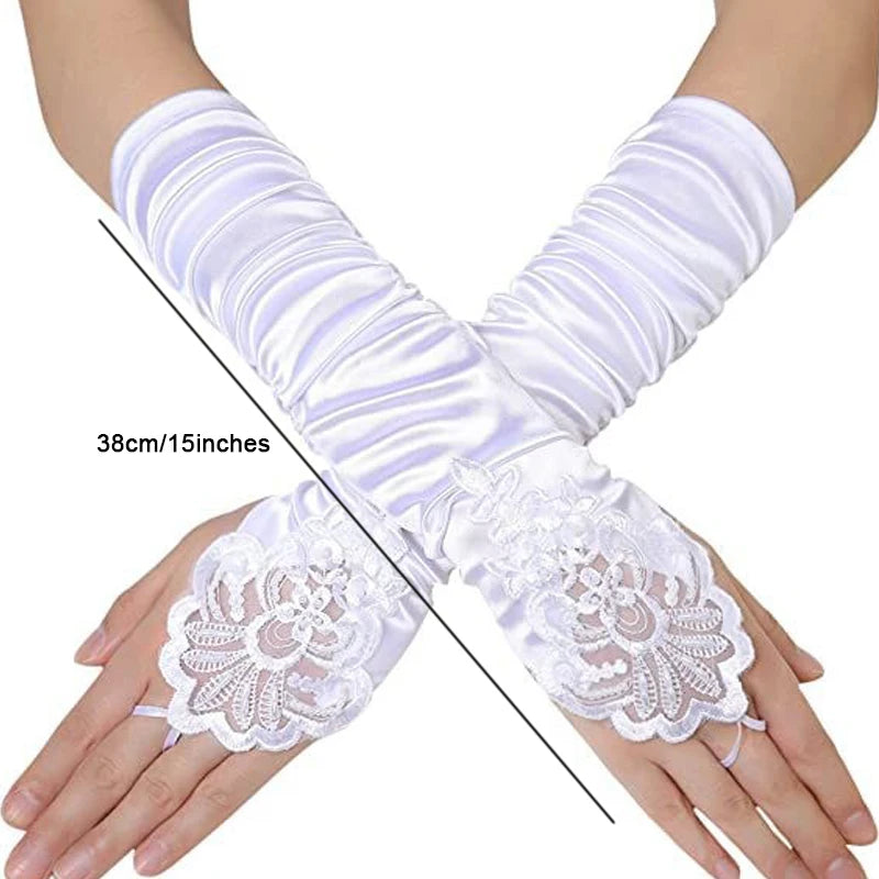 New Women Fingerless Bridal Gloves Black White Sequin Embroidery Lace