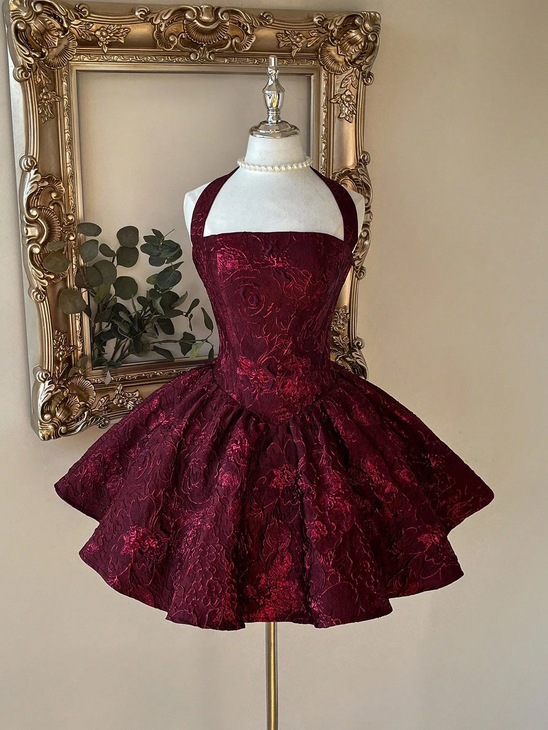 Burgundy Jacquard Halter Backless A-Line Mini Dress for Formal Events