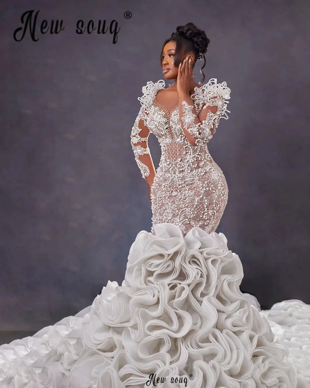 African Wedding Dress Luxury Long Mermaid Beaded Lace Ruffles