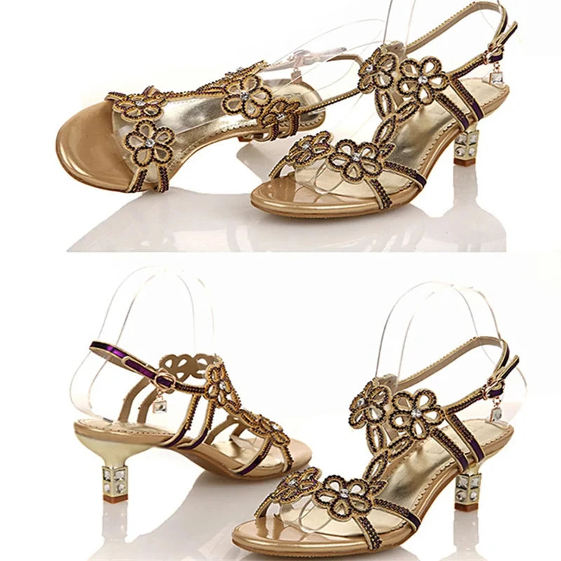 New Summer Sandals Women Leather Rhinestones Diamond Roman Shoes