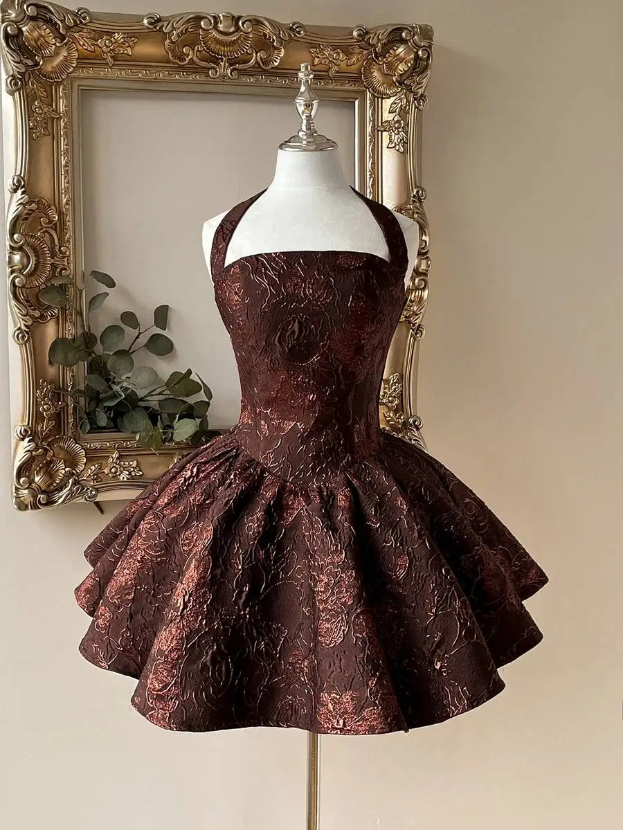 Burgundy Jacquard Halter Backless A-Line Mini Dress for Formal Events
