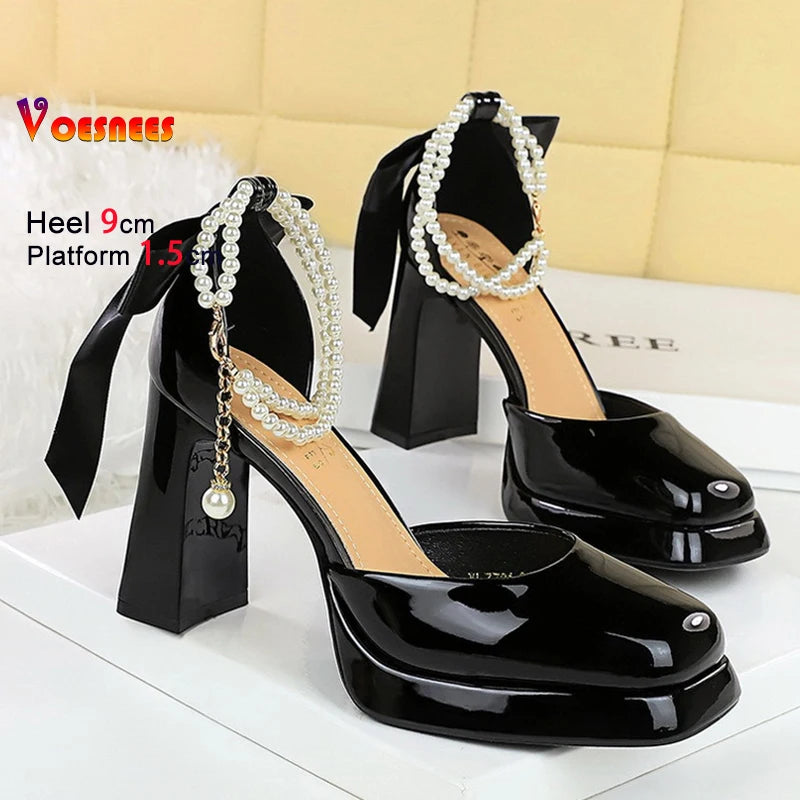 Toe Sandals Women 9CM Thick High Heel Summer Party Dress Shoes