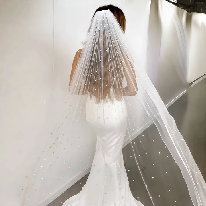 Pearls Bridal Veil Soft 1 Tier Beaded Wedding Veil for Bride