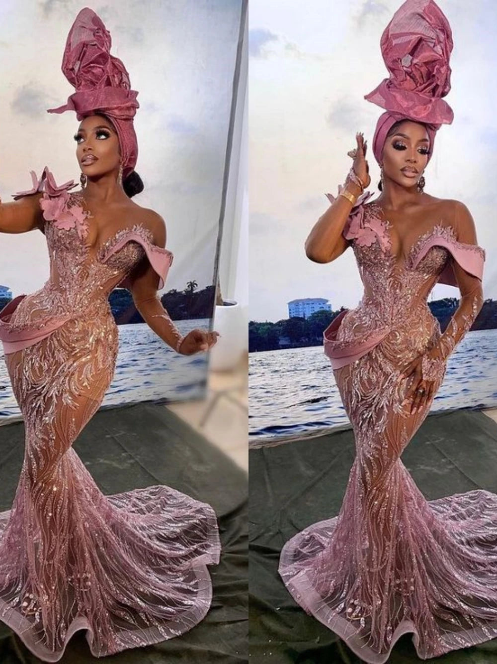 African Pink Sexy Evening Prom Dress luxury wedding dress