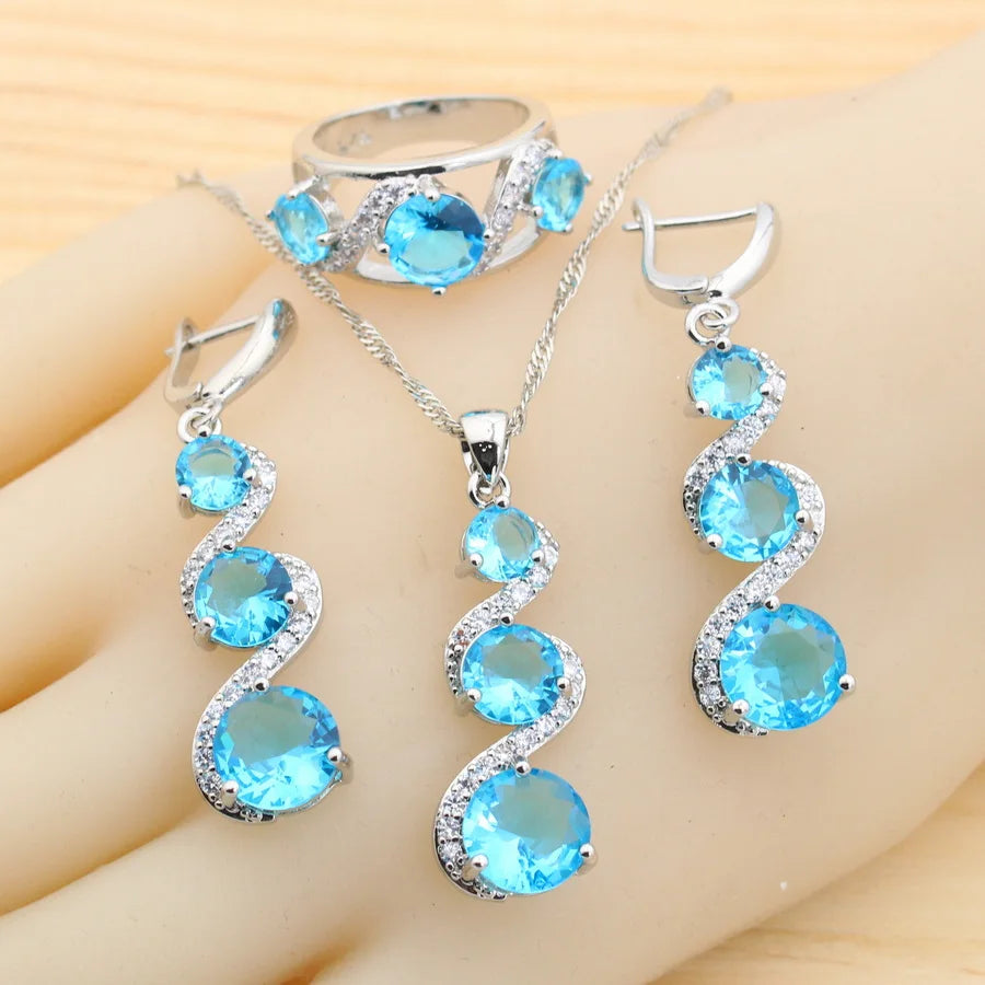 Classic Blue Zirconia 925 Silver Jewelry Sets for Women Earrings Necklace