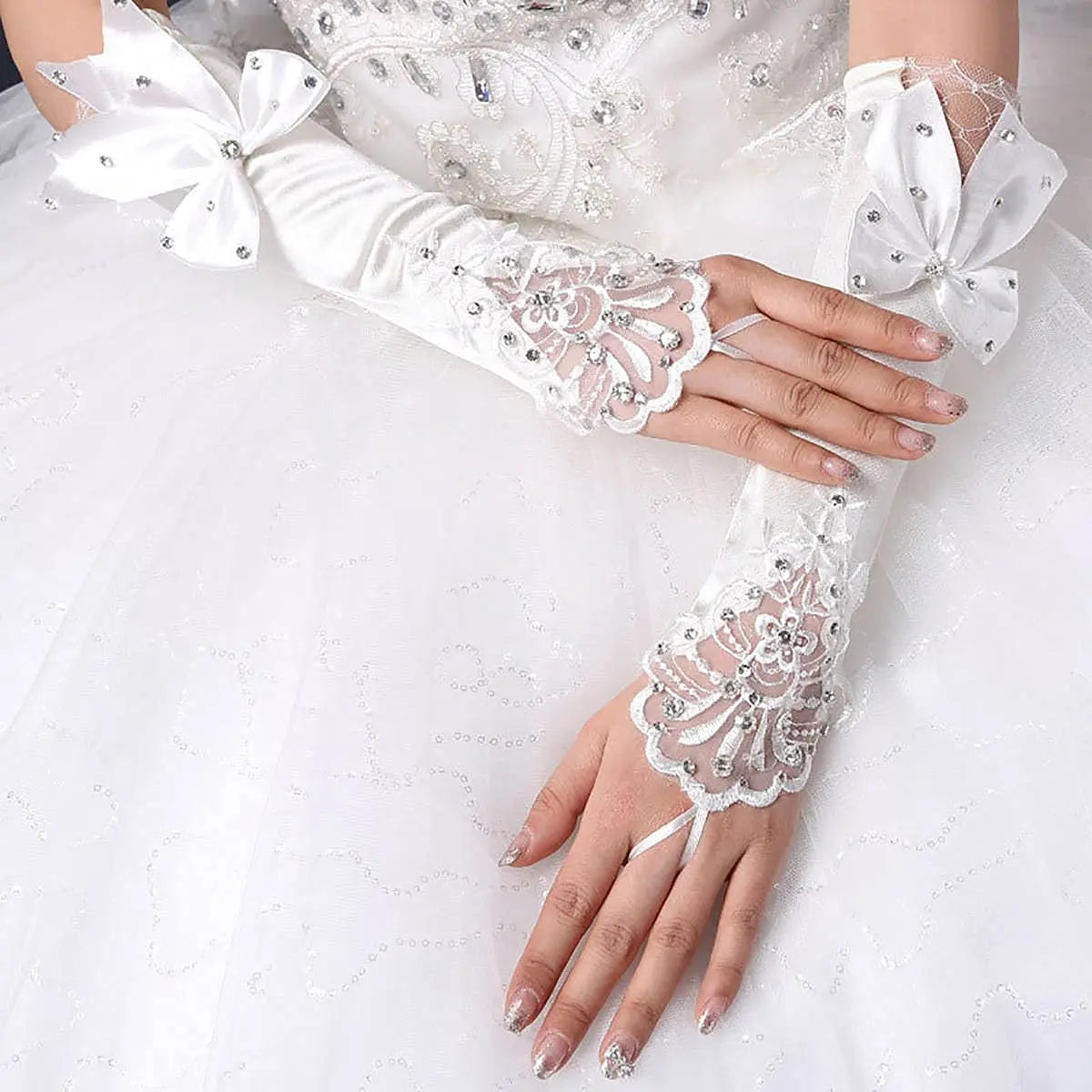 Satin Long Women’s Wedding Gloves Ivory Fingerless Lace Bridal Accessory