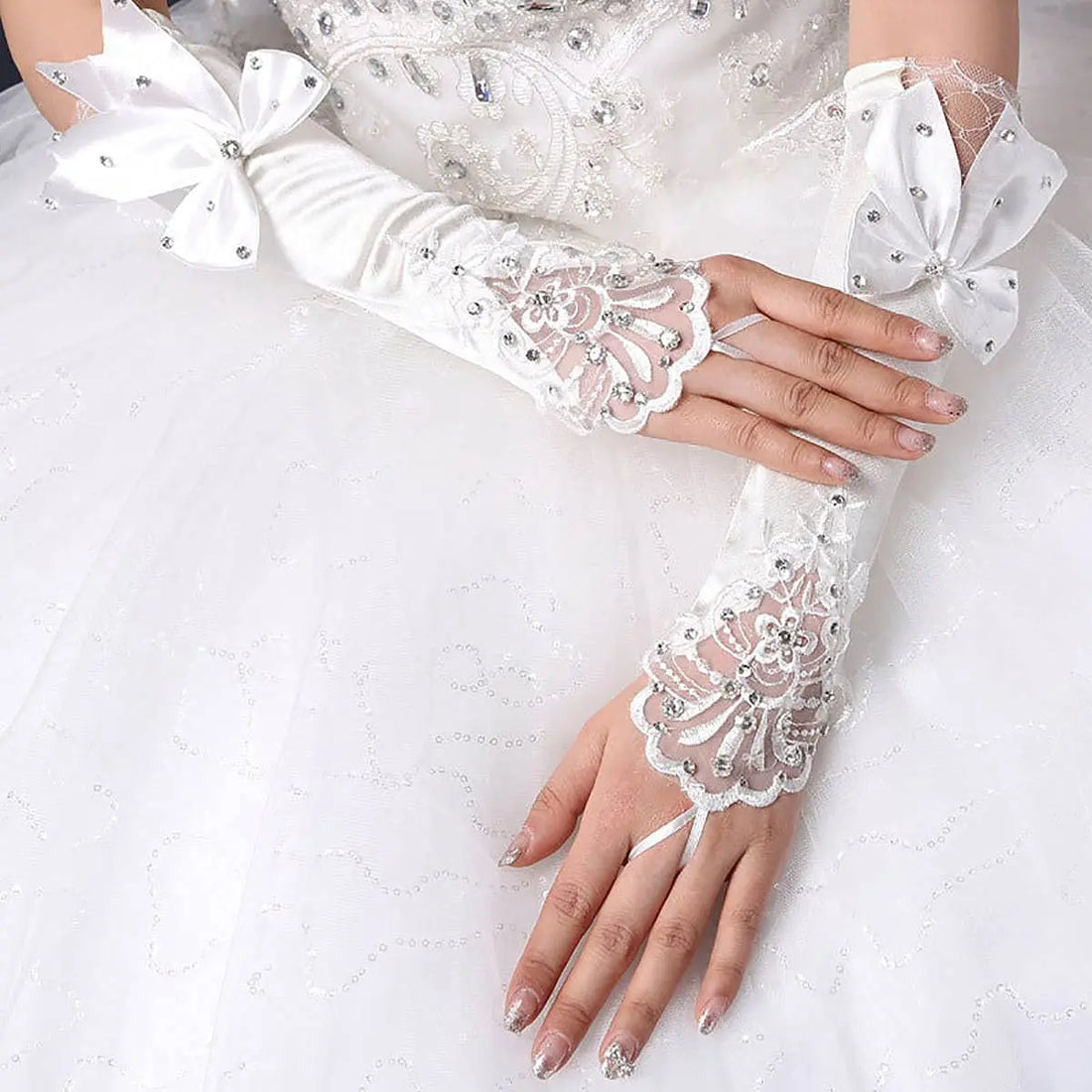 Satin Long Women’s Wedding Gloves Ivory Fingerless Lace Bridal Accessory