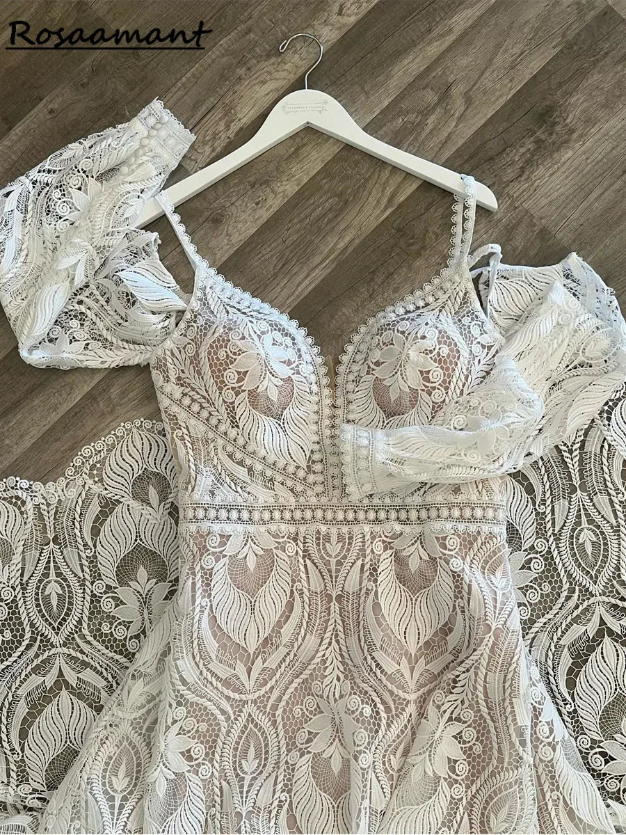 Bohemian Lace A-Line Wedding Dresses Vestido Civil Bridal Gowns