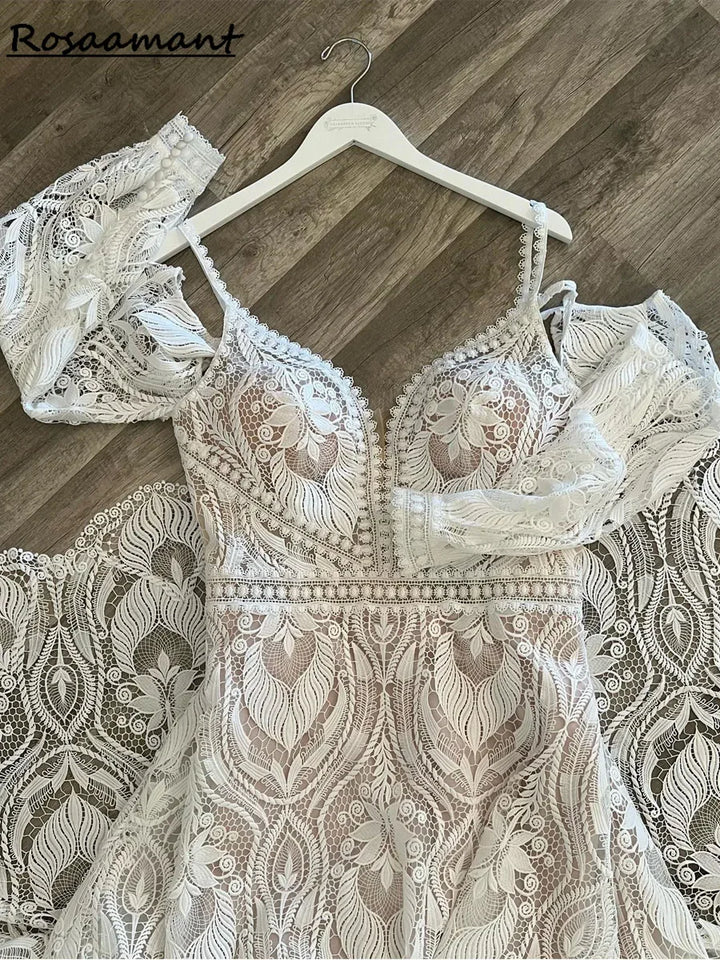 Bohemian Lace A-Line Wedding Dresses Vestido Civil Bridal Gowns