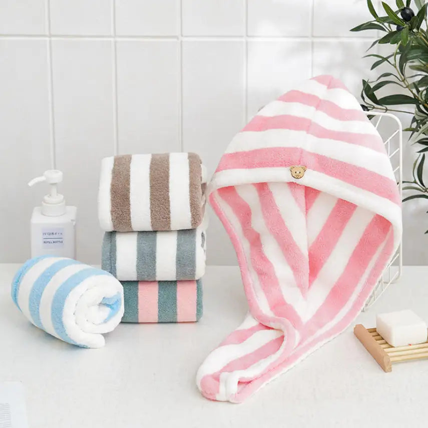 Hair Cap for Women Turban Water-Absorbent Quick-Drying Striped Shower