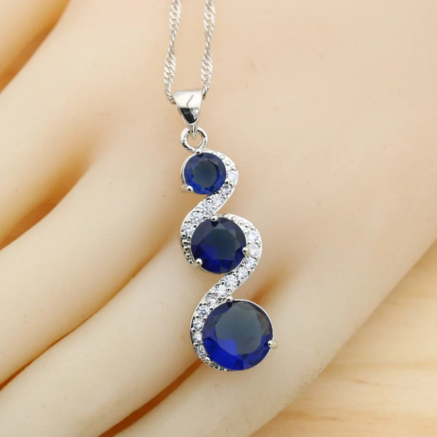 Classic Blue Zirconia 925 Silver Jewelry Sets for Women Earrings Necklace