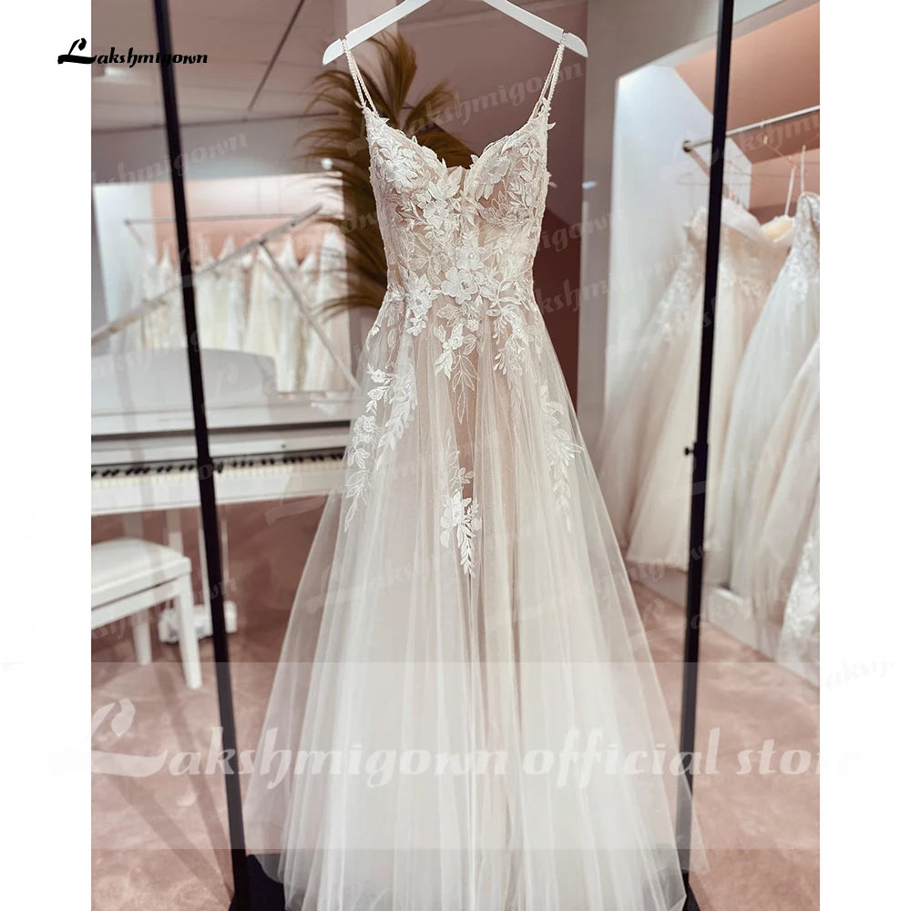 Lakshmigown Spaghetti Straps Lace Wedding Dress Open Back Civil Bridal