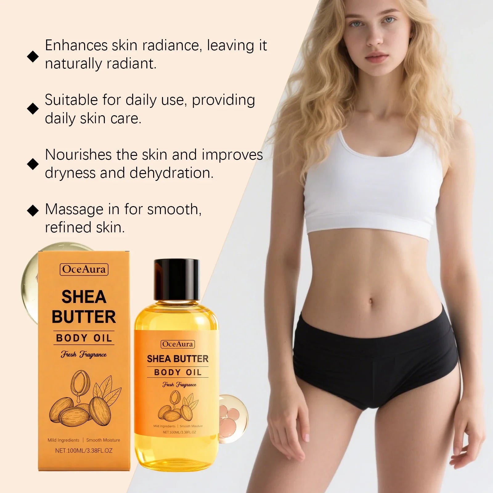 Shea Butter Body Oil Lightweight Fast Absorbing for Dry Rough Skin