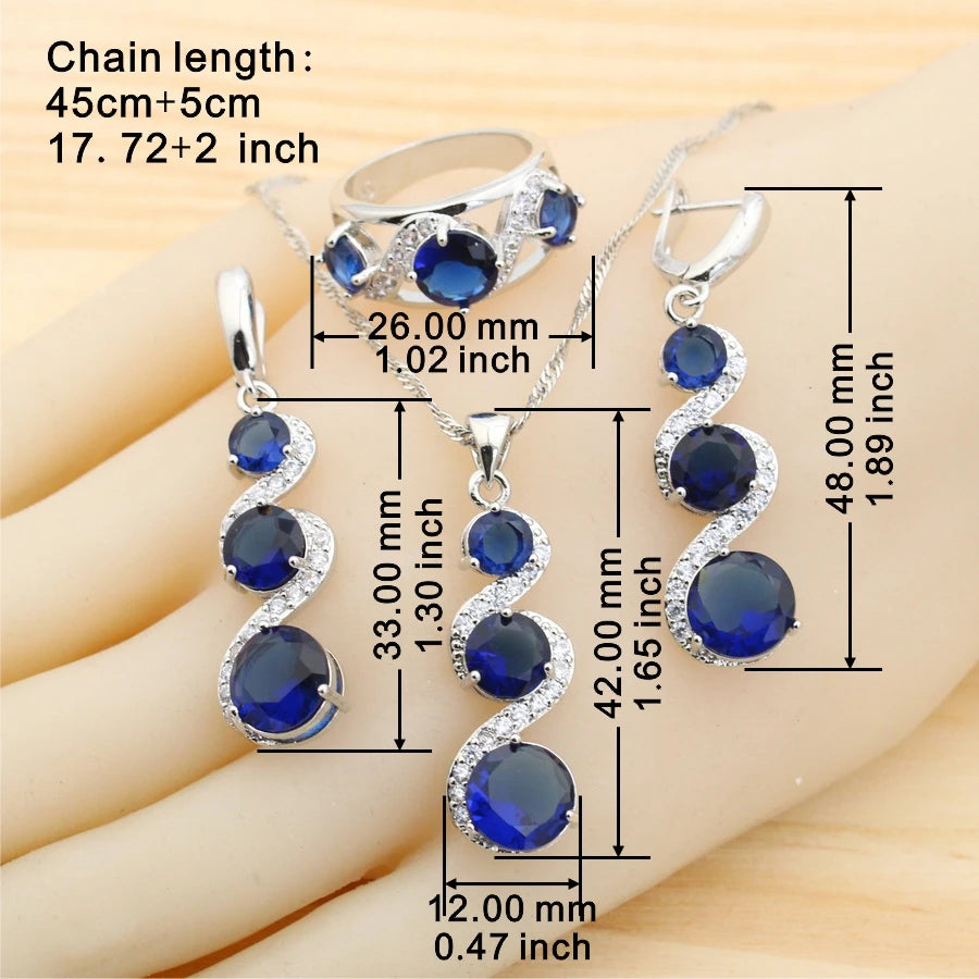 Classic Blue Zirconia 925 Silver Jewelry Sets for Women Earrings Necklace