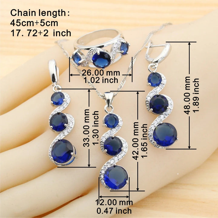 Classic Blue Zirconia 925 Silver Jewelry Sets for Women Earrings Necklace