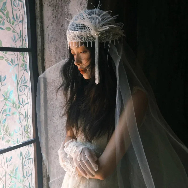 Vintage French Bridal Veil with Feather & Tassel Luxury Wedding Headpiece