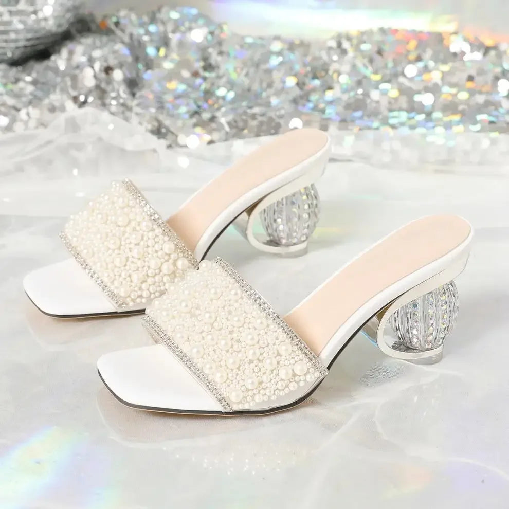 White Pearl Shiny Sandals Slippers Women Transparent Thick Bottom Party Heel