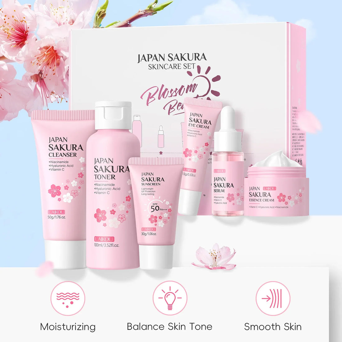 LAIKOU Sakura Skin Care Set Facial Cleanser Toner Face Serum