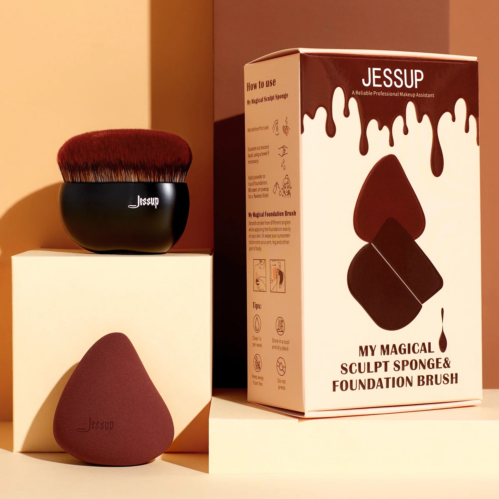 Jessup Foundation Brush with Makeup Sponge, Black Makeup Brush Flat