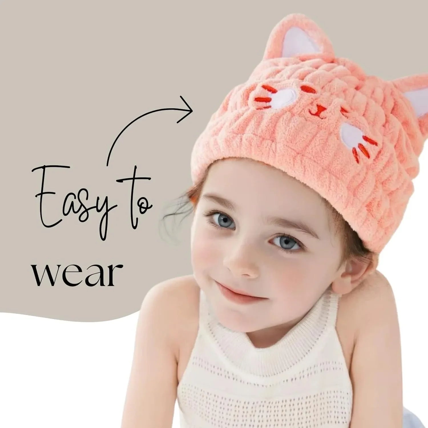 Microfiber Hair Towel Wrap for Kids, Pink Cat Dry Hair Cap Suck Water Towel