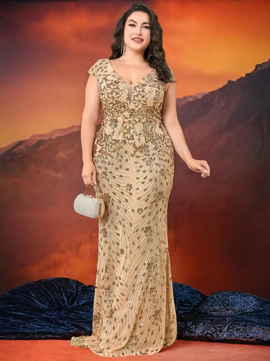 Burgundy Sequin V-Neck Cap Sleeve Fishtail Evening Dress for Women