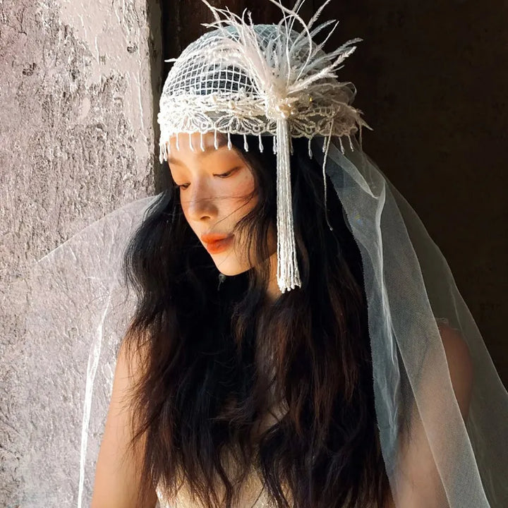 Vintage French Bridal Veil with Feather & Tassel Luxury Wedding Headpiece
