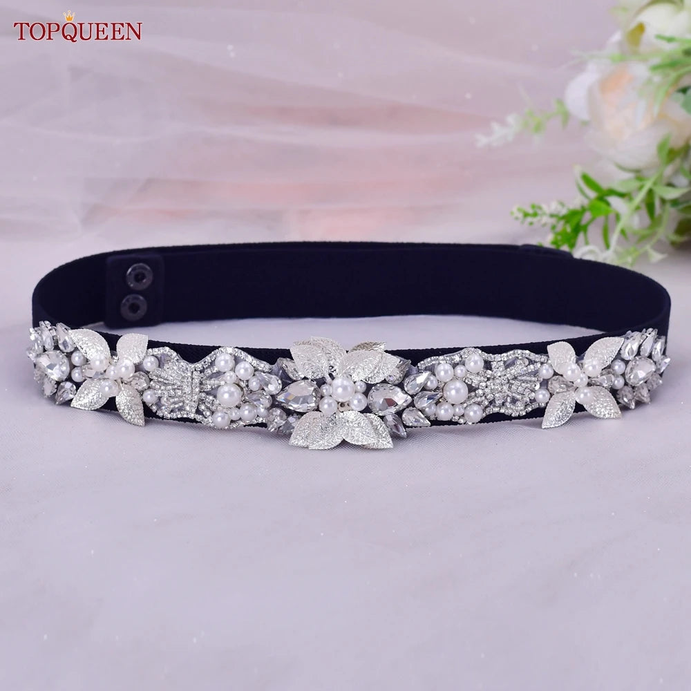 TOP Queen S407-B Women Elastic Belts for Party Dress Gown Silver Rhineston