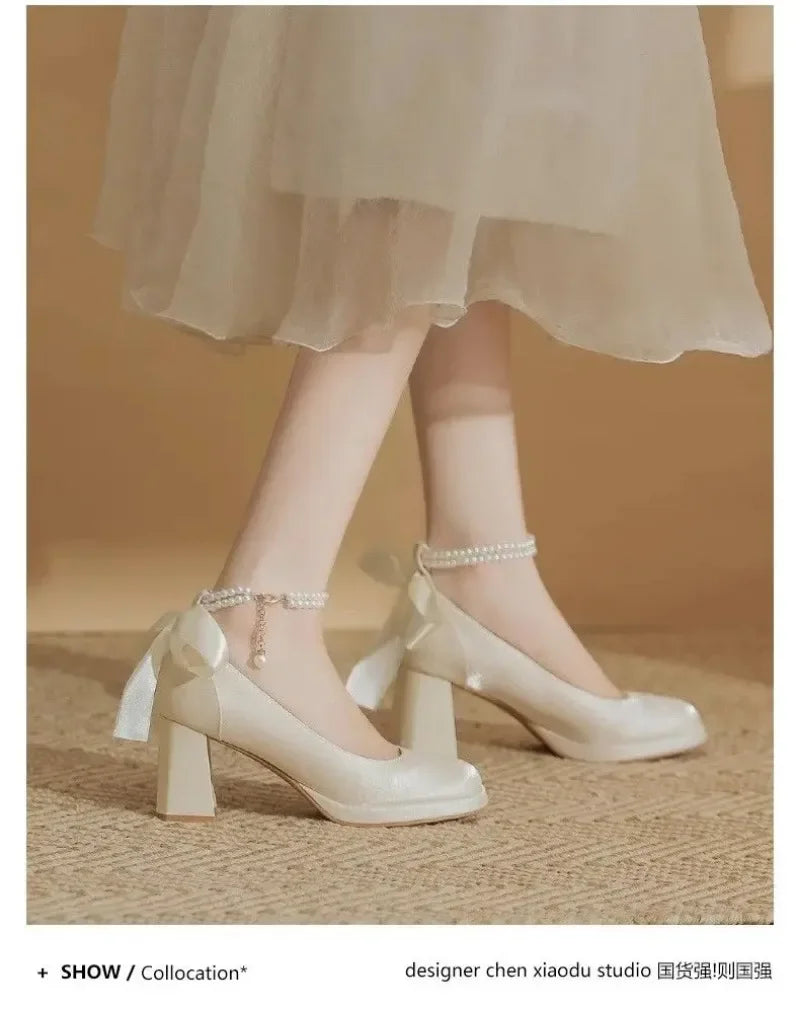 Red Bow Pearl Mary Jane Platform Waterproof Lolita Heels for Women