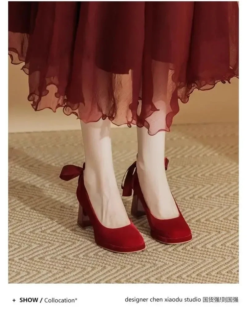 Red Bow Pearl Mary Jane Platform Waterproof Lolita Heels for Women