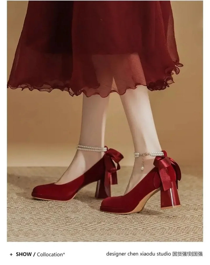 Red Bow Pearl Mary Jane Platform Waterproof Lolita Heels for Women