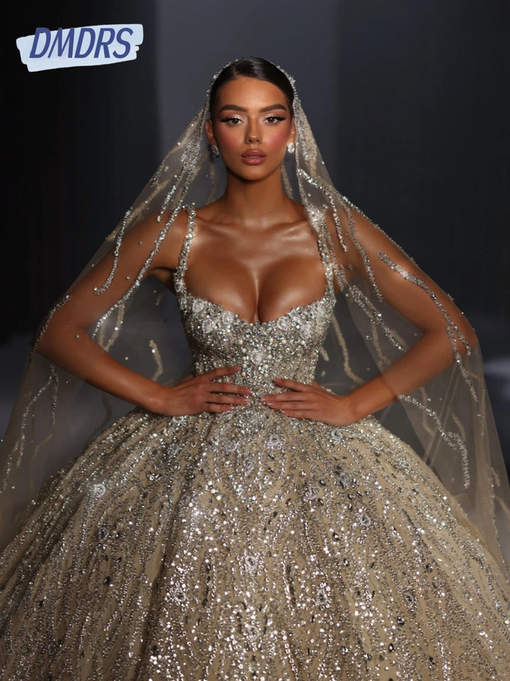 Lace Pearls Wedding Dress Women Sequined Luxurious Bride Wear