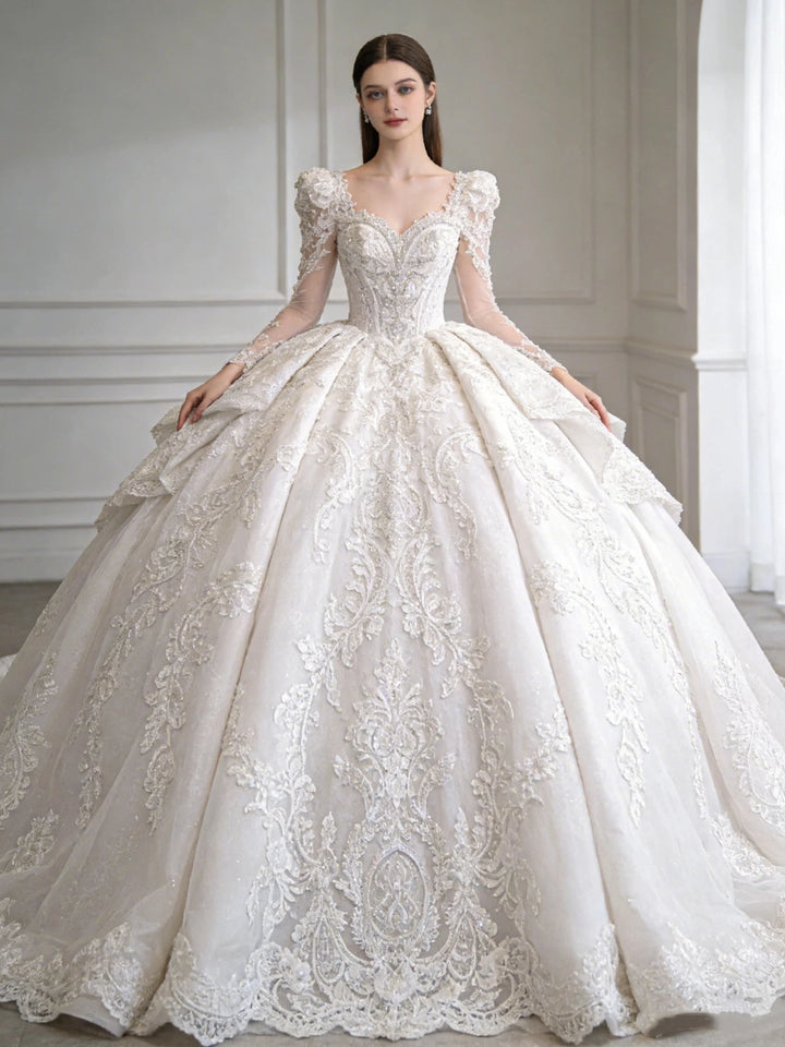 Luxury Crystal A-line Lace Bead Princess Wedding Dress Sexy Sweetheart Gown