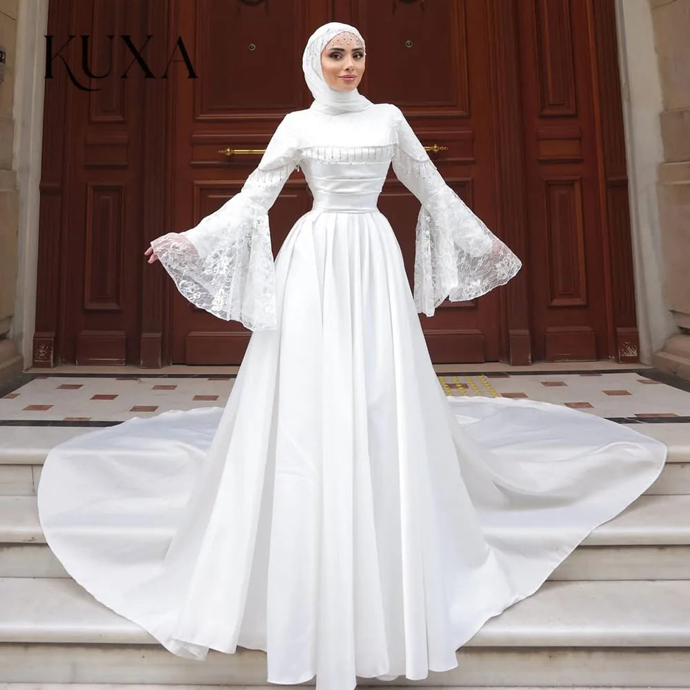 KUXA Luxury Muslim Wedding Dresses Satin Long Sleeves Bridal Gown