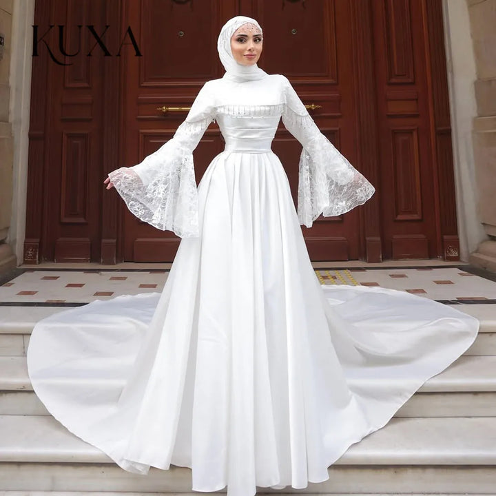 KUXA Luxury Muslim Wedding Dresses Satin Long Sleeves Bridal Gown